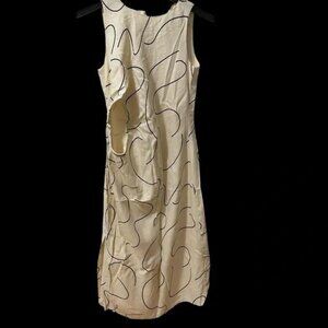 Magaschoni Ivory Geo Pattern Maxi Linen Dress Side Cut-Out Size 6 100% Cotton